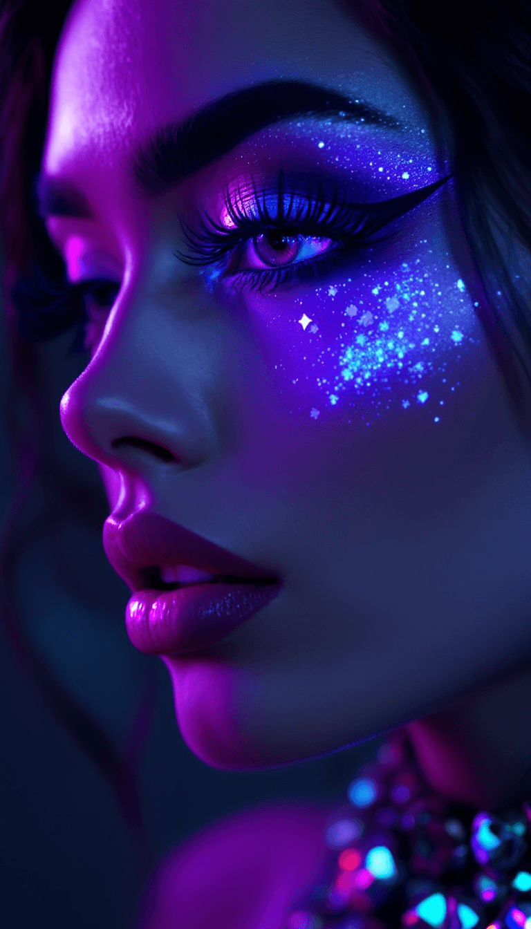 AI generated: a side profile angle photo of a model with thick super long dramatic eyelashes, neon purple eye make...