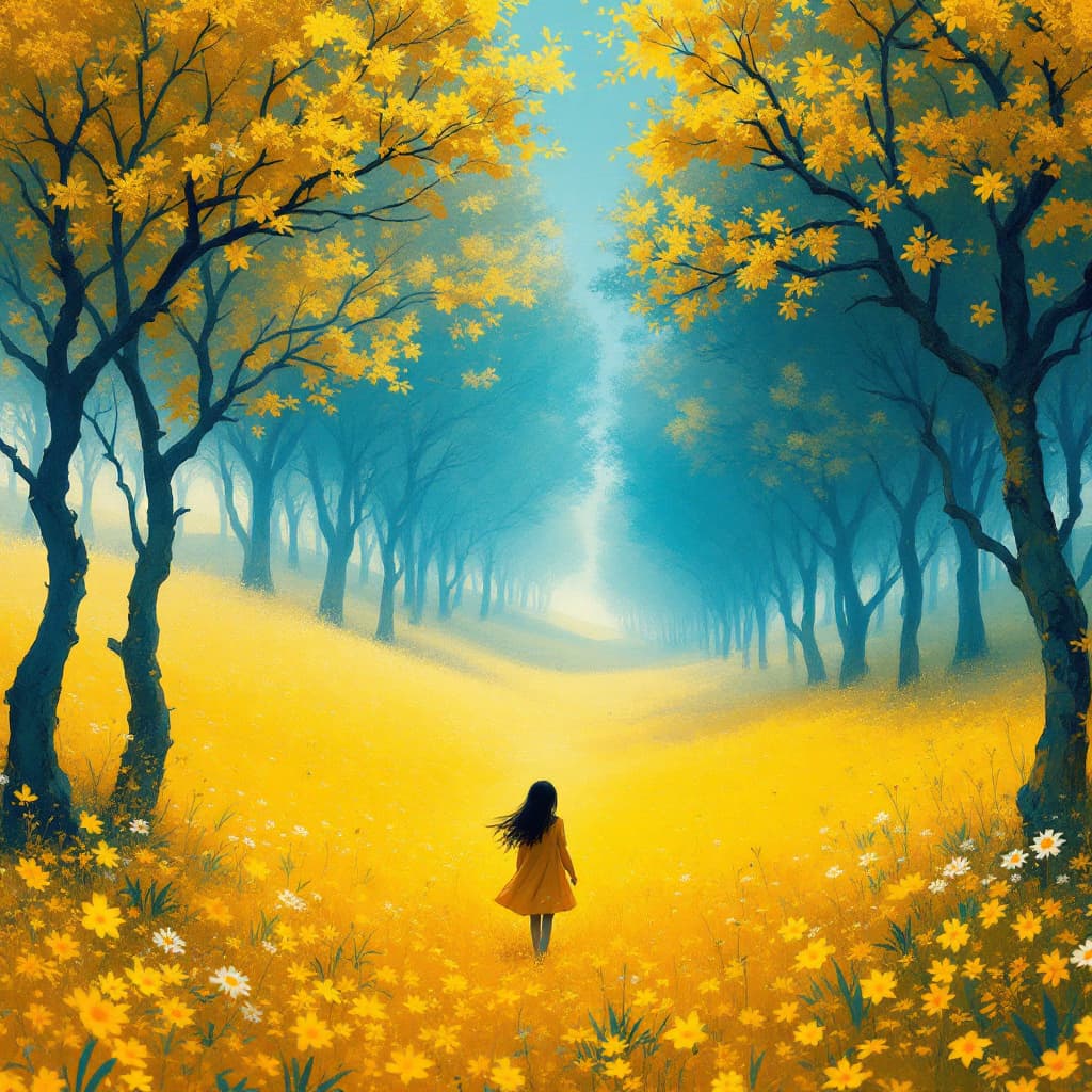 AI generated: a girl walking through a field, in the style of ethereal trees, dark yellow and azure, majestic, swe...