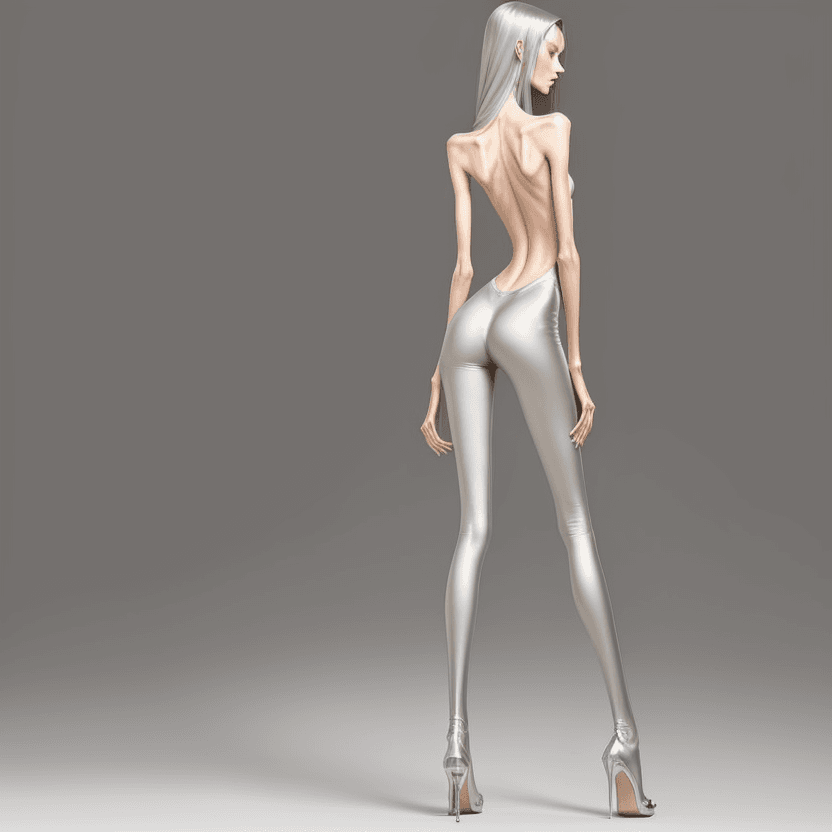 AI generated: photo of an extremely skinny, flat-chested model with extreme long and skinny legs with extreme long...