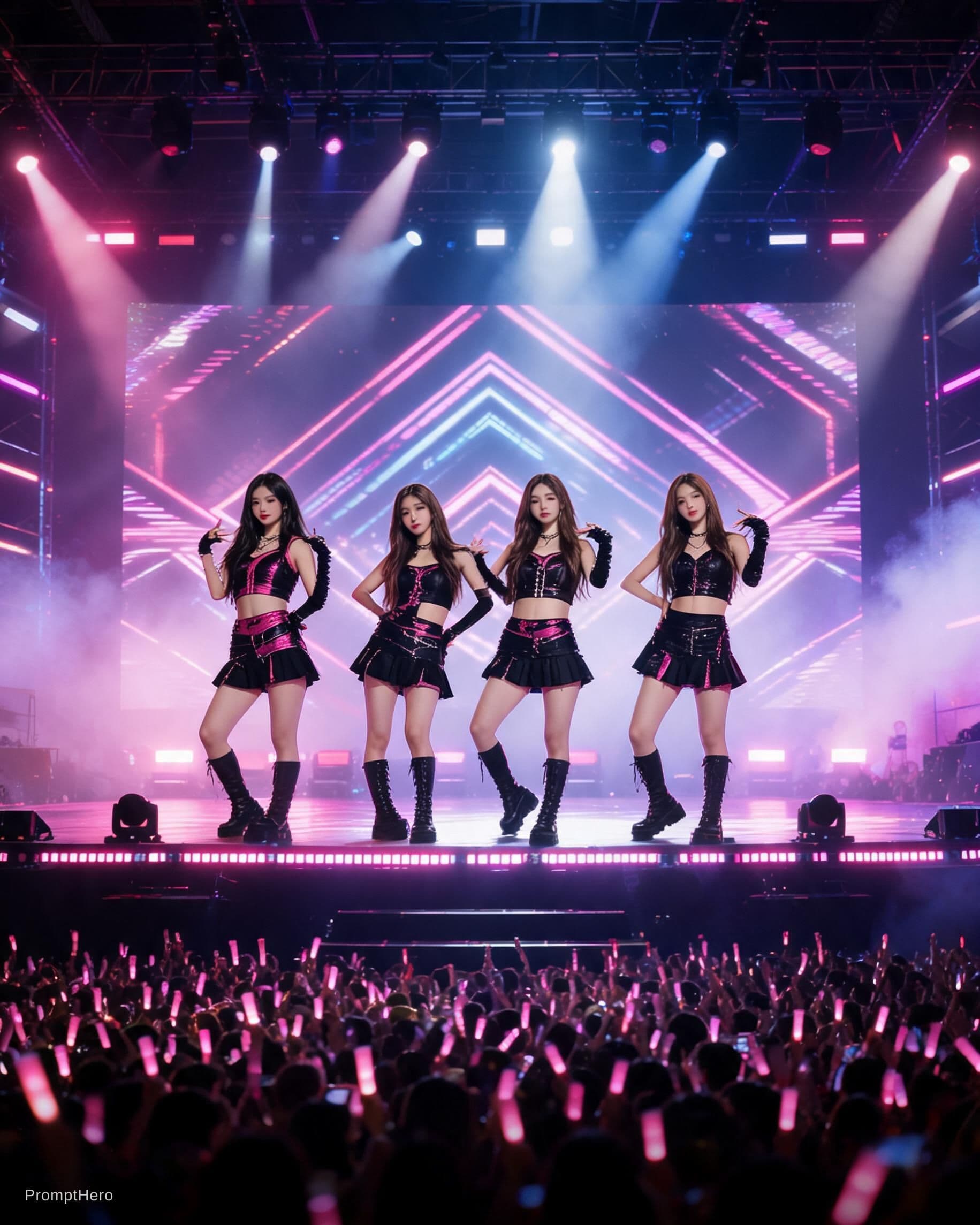 AI generated: Epic K-pop concert scene - Dramatic stage with lights, effects, and energy, without depicting real i...