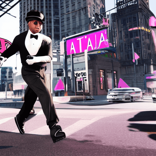 AI generated: in the style of gta v, a black and white panda wearing: a black bowler hat, a tartan bow tie, pink r...