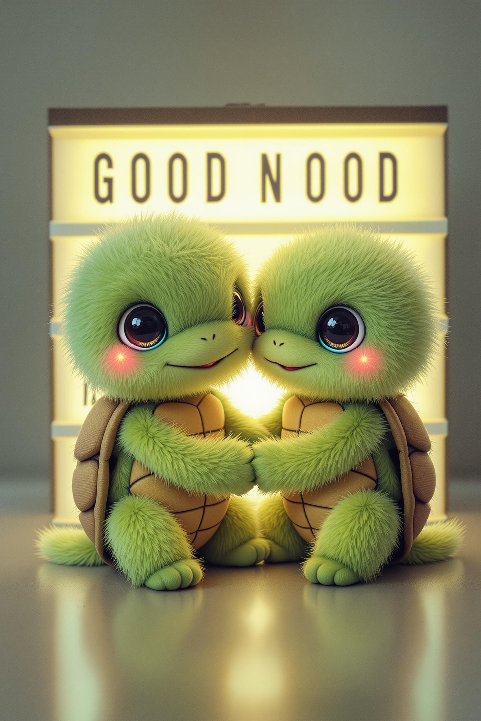 AI generated: Two furry comic turtles in kawaii style, holding hands, sitting in a lightbox
