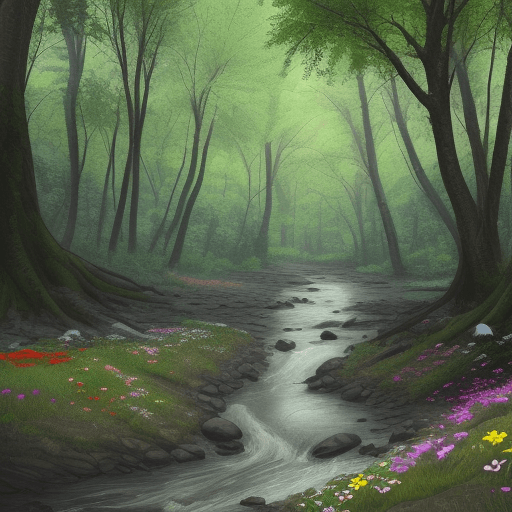 AI generated: multicolored flowers, rivers, trees, hunted, forest, landscape, foot of tree with branches, without ...