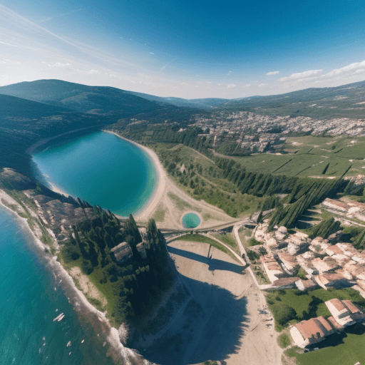 AI generated: Vista dall'alto di campi coltivati e trattori in azione, fotografata con un drone DJI Mini 2 SE, cie...