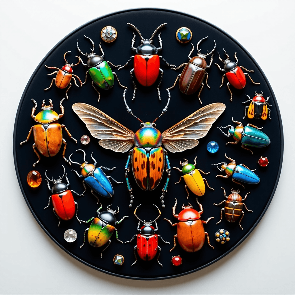 AI generated: A collection of exotic beetles and insects arranged like precious jewels on dark velvet, hyperrealis...
