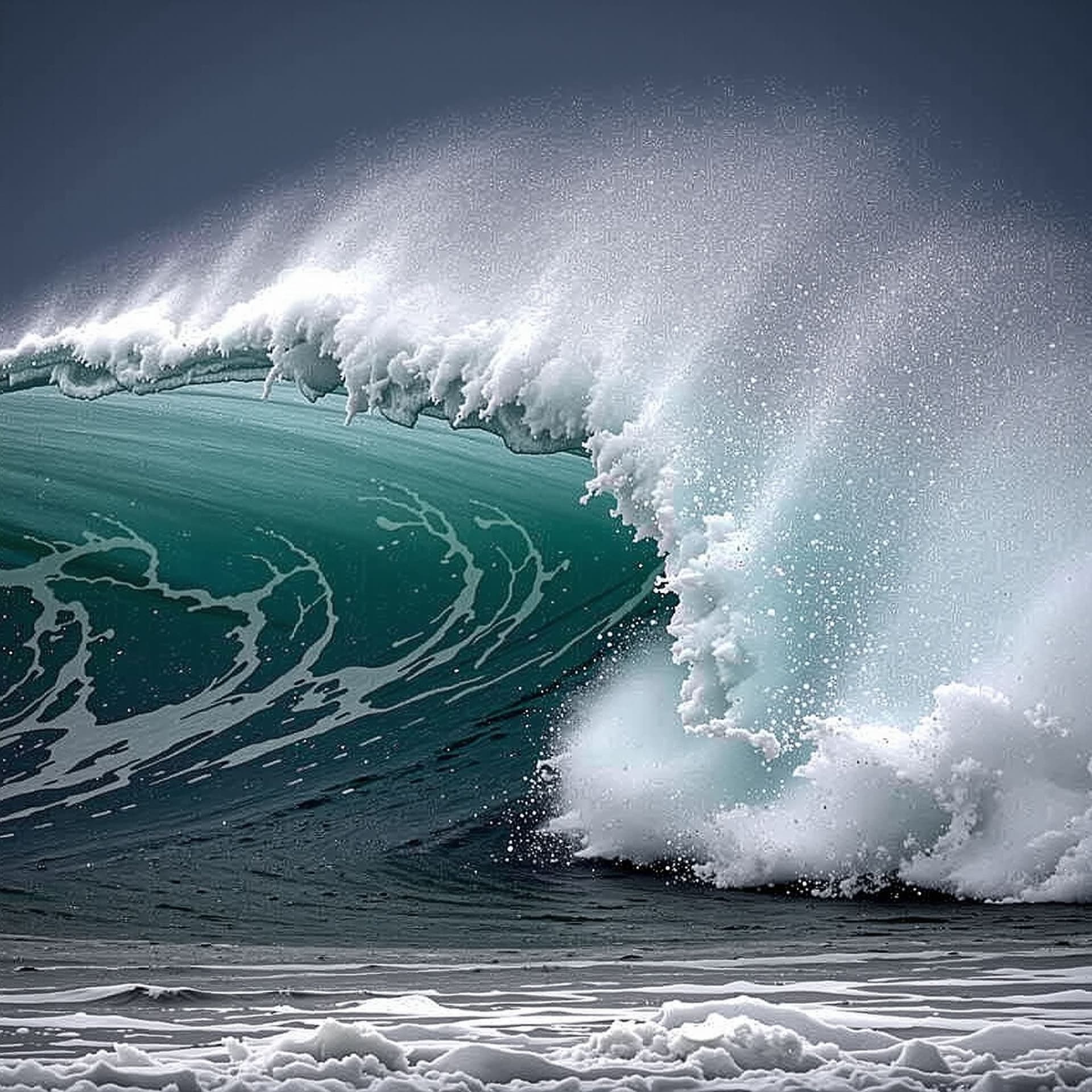 AI generated: "A frozen wave the size of a mountain captured mid-crash, time-suspended, photoreal and dramatic"