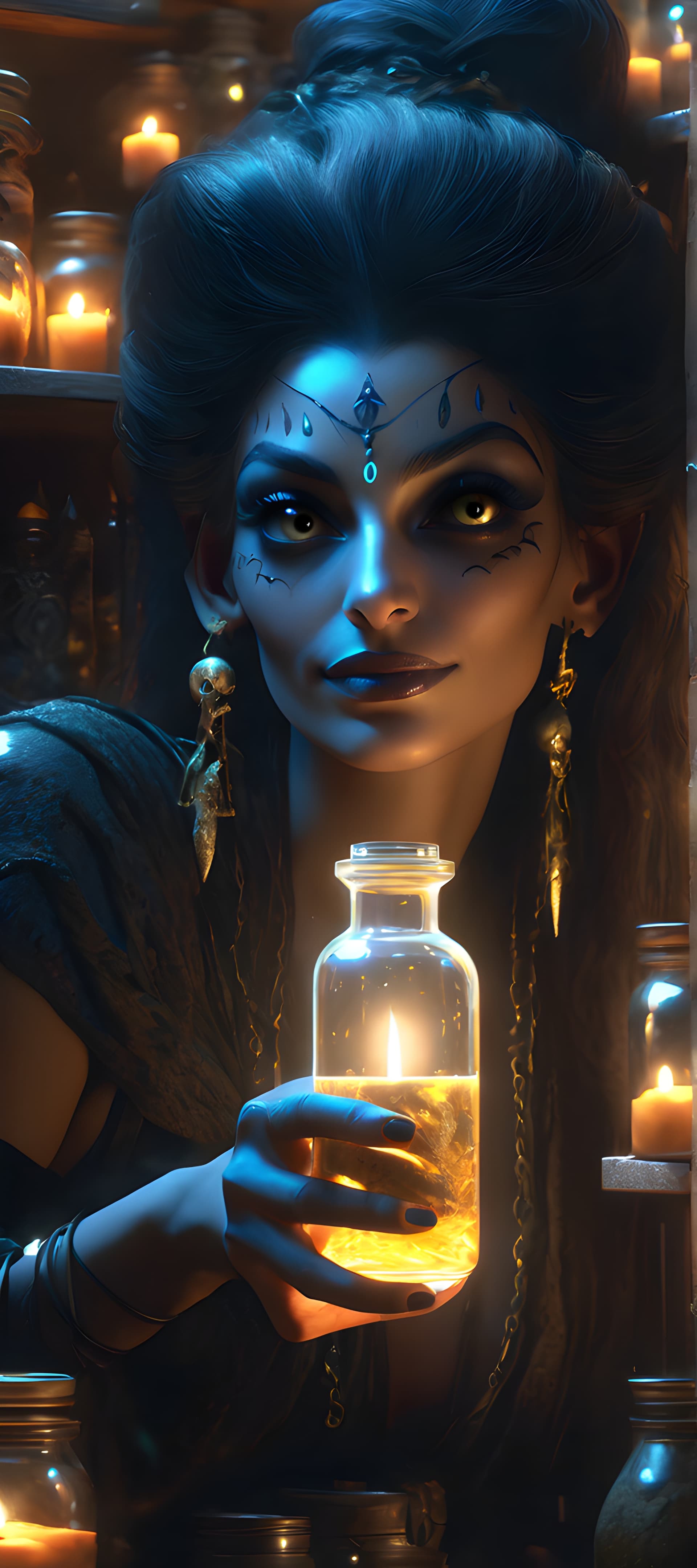 AI generated:  Nephthys grabbing a vial of glowing potion from a shelf lined with jars of eyeballs and other ghoul...