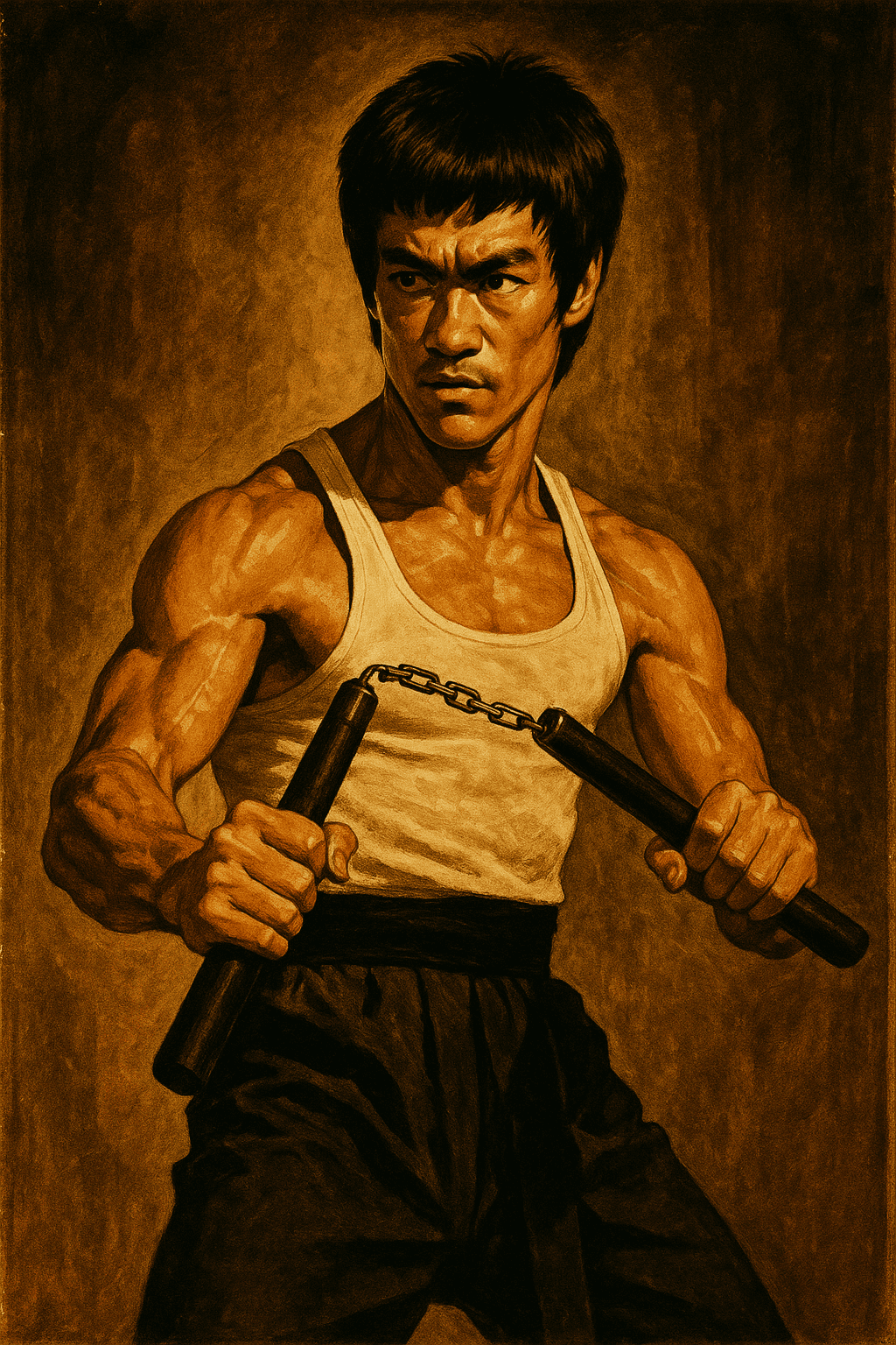AI generated: A detailed illustration of Bruce Lee in his iconic role from the 1972 film "The Way of the Dragon," ...