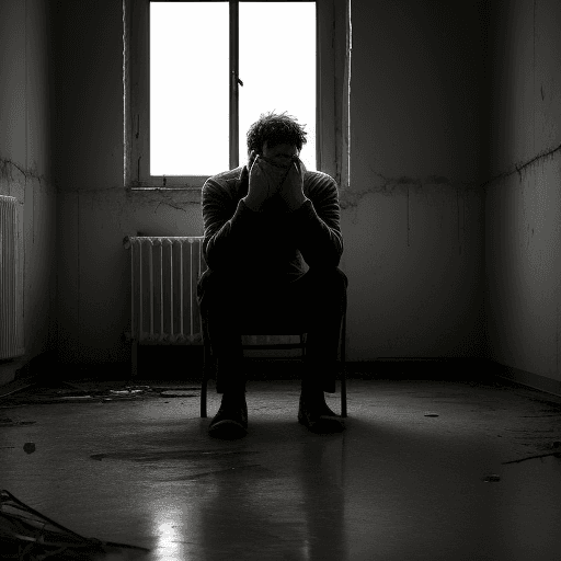 AI generated: a sad man sitting in a desolate room.