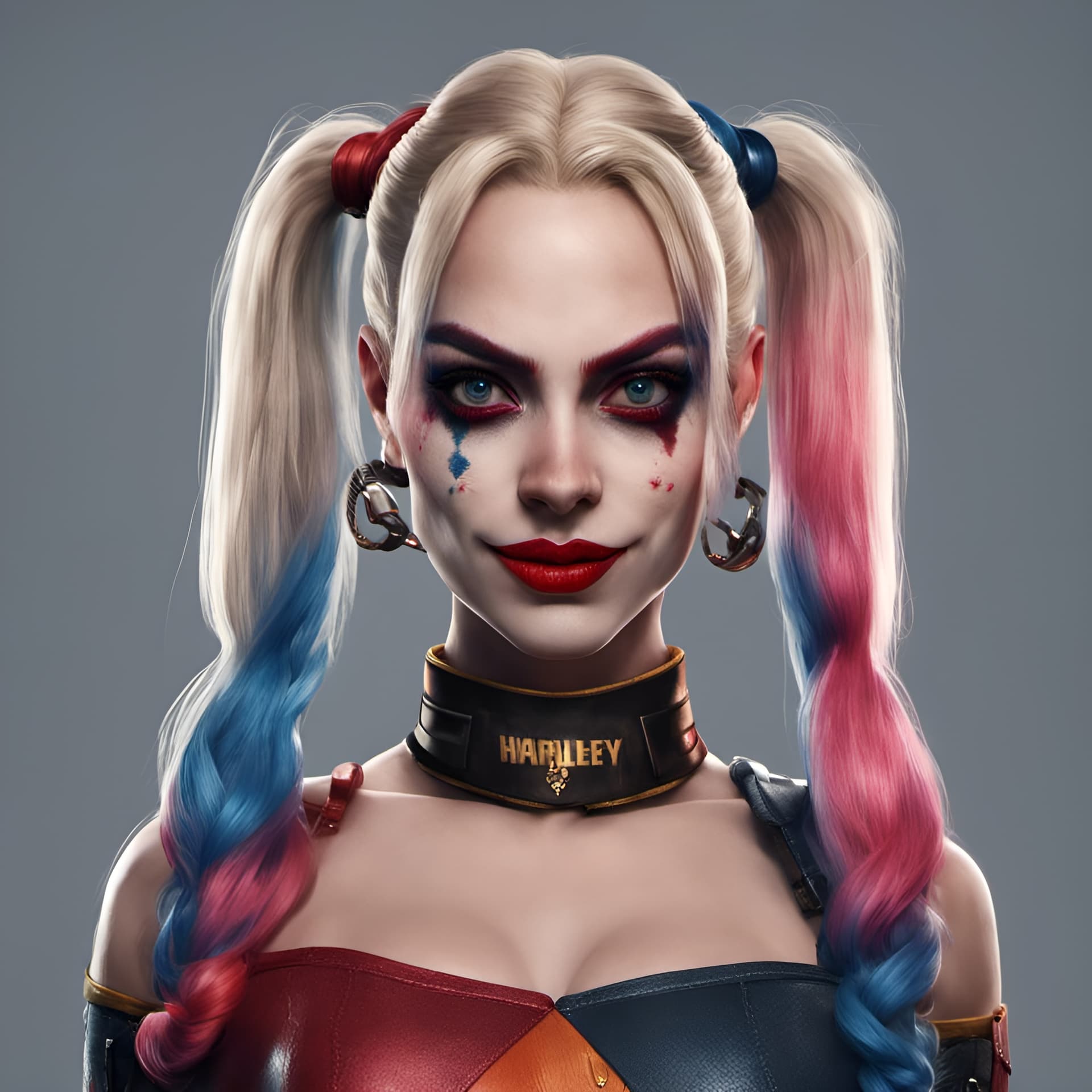 AI generated: Harley Quinn from the suicide squad, portrait, playful, beautiful face, vivid colrs, elegant, concep...