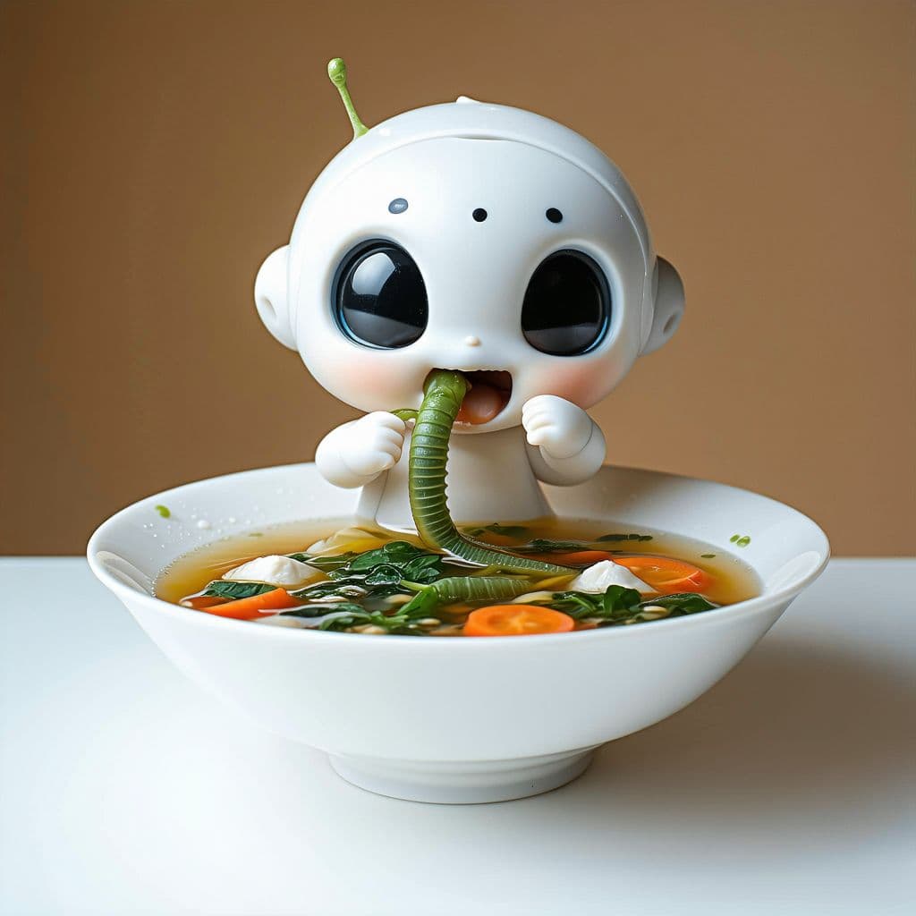 AI generated: babytron eating worm soup, medium quality