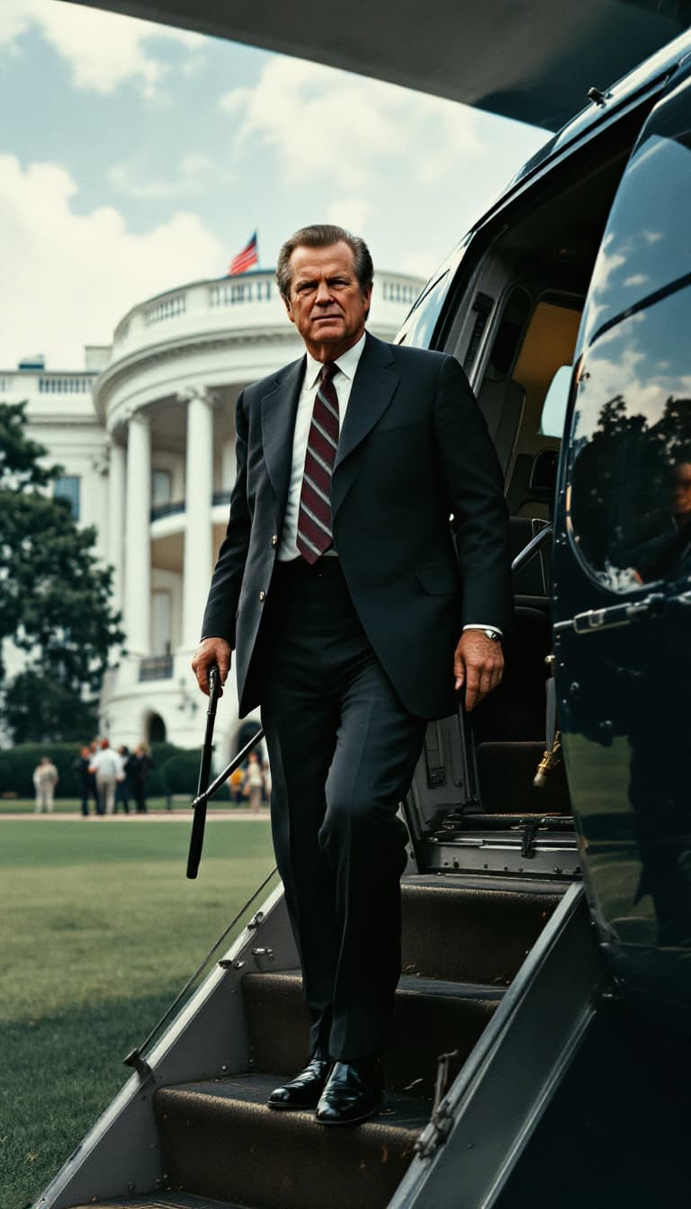 AI generated: A hyper-realistic, ultra-detailed Richard Nixon leaving the White House on his helicopter