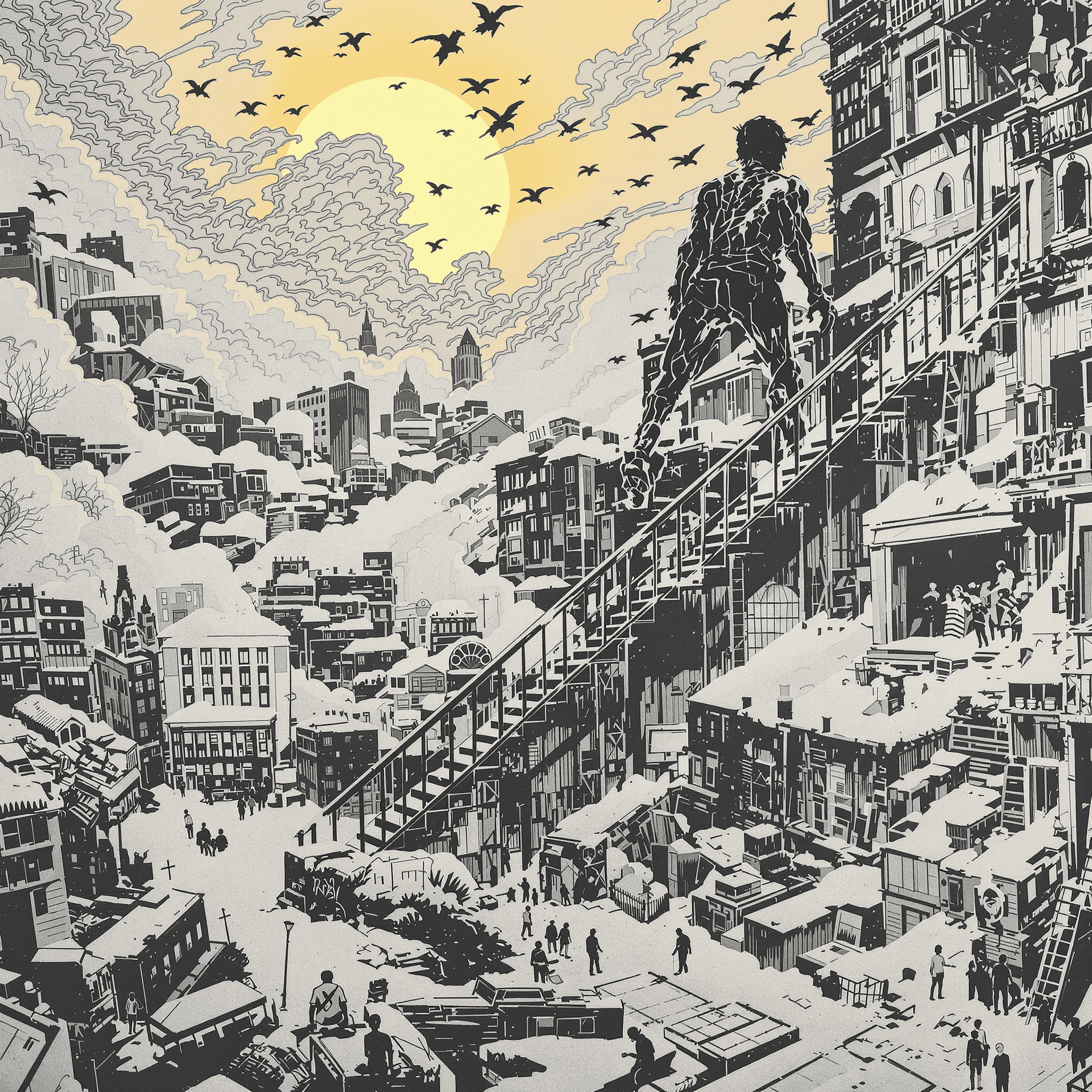 AI generated: New York’s dawn moans on vast stairways, searching on the ledges, for anguish. Dawn breaks and no on...