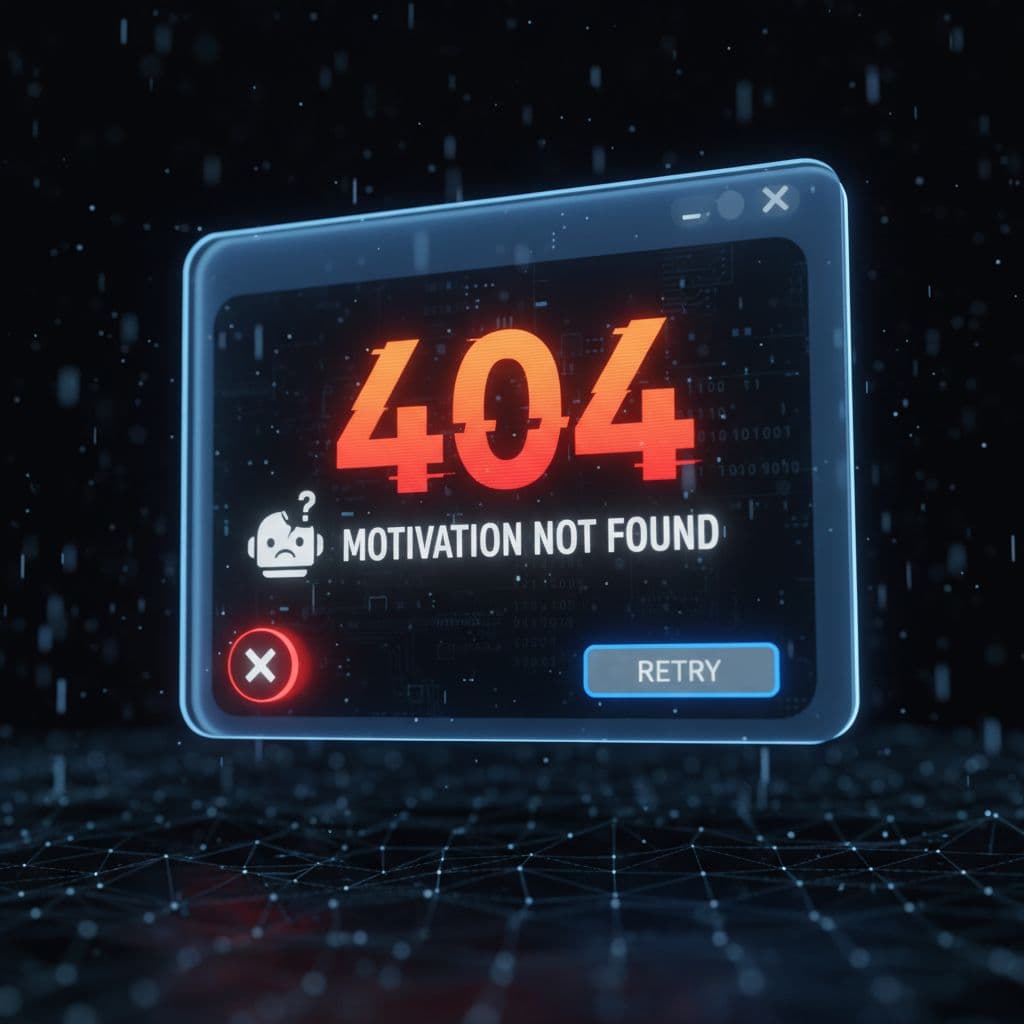AI generated: "404 Motivation Not Found" — 3D error pop-up window