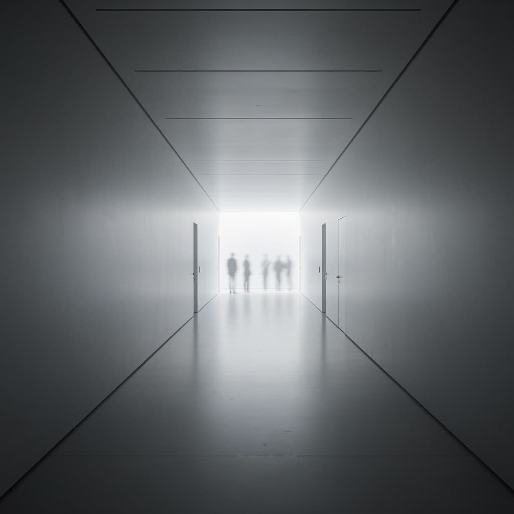 AI generated: Minimal hallway with light at the far end, soft activity shadows