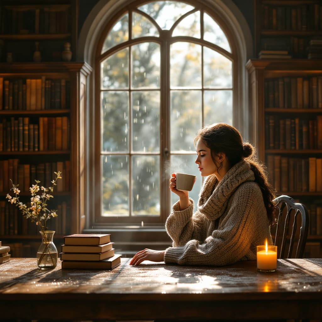 AI generated: Sip Serenity in a Cozy Library
"A contemplative woman sitting by a grand arched window in a vintage ...
