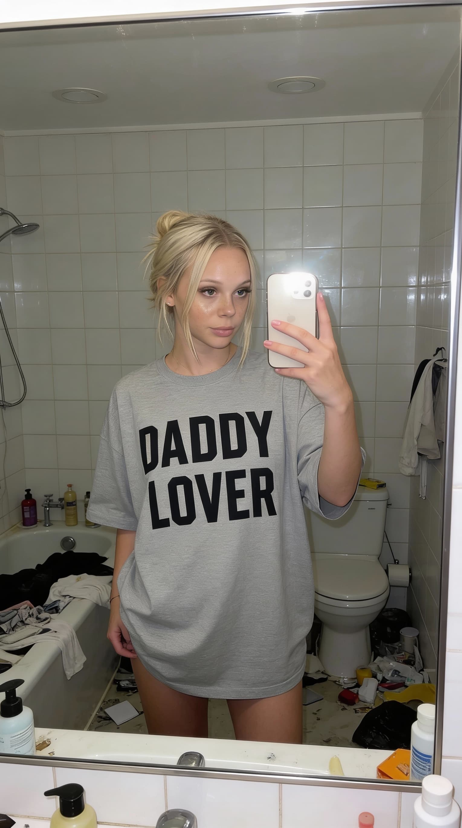 AI generated: mirror selfie, casul messy bathroom, grey 
oversize tshirt ( “DADDY LOVER” wrote in the tshirt) 