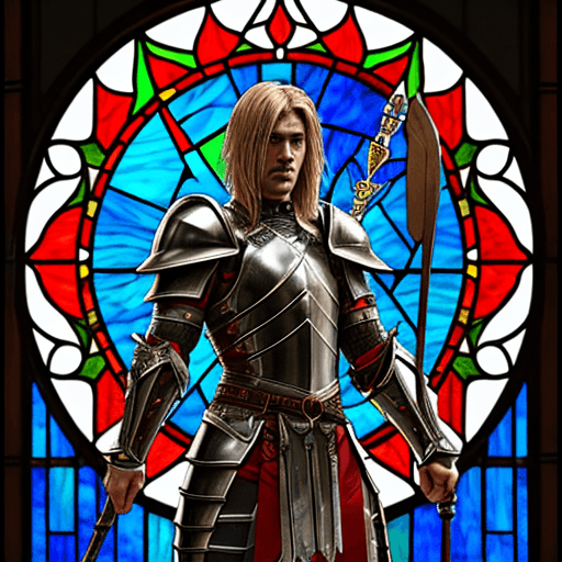 AI generated: Male warrior, with spear armor made from stained glass