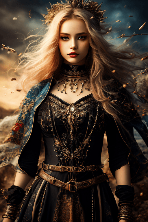 AI generated: fantasy art, fantasy world, landscape, wind, woman in classic dress with harness, eye contact, full ...