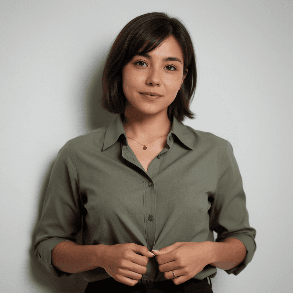 AI generated: "A fit adult woman stands against a plain white wall wearing an open olive green shirt that reveals ...
