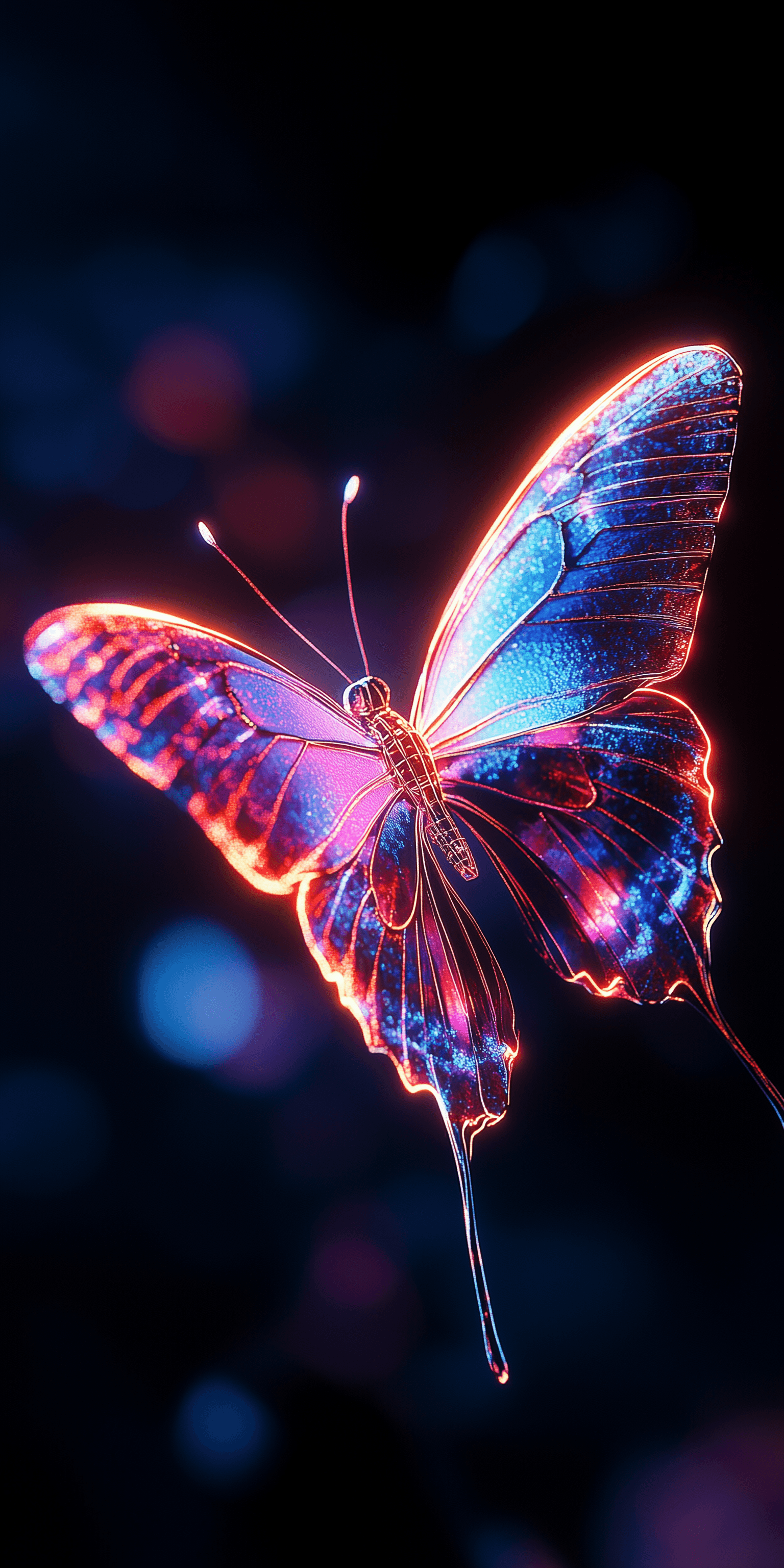 AI generated: A butterfly made of neon lights, flying in the dark sky, close-up shot, detailed macro photography, ...