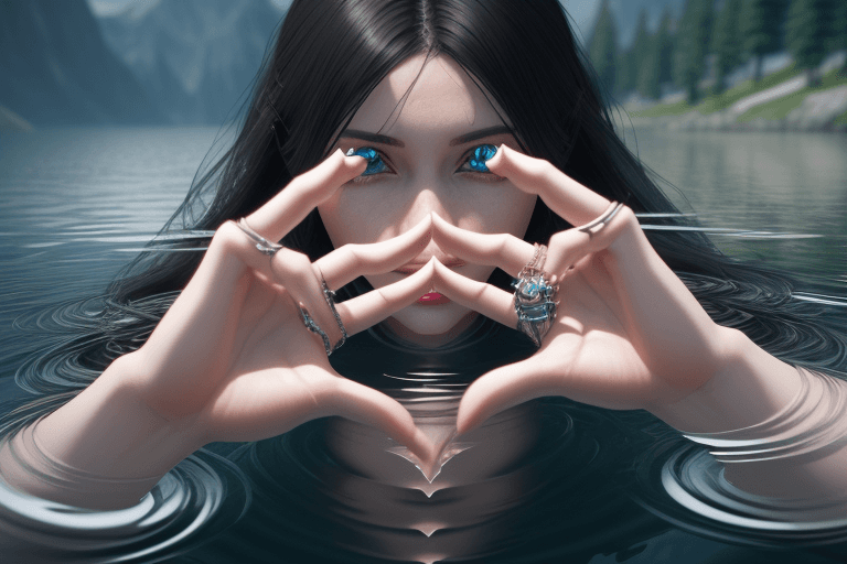 AI generated: first person perspective of a woman looking at her hands full of rings, the woman is reflected in th...