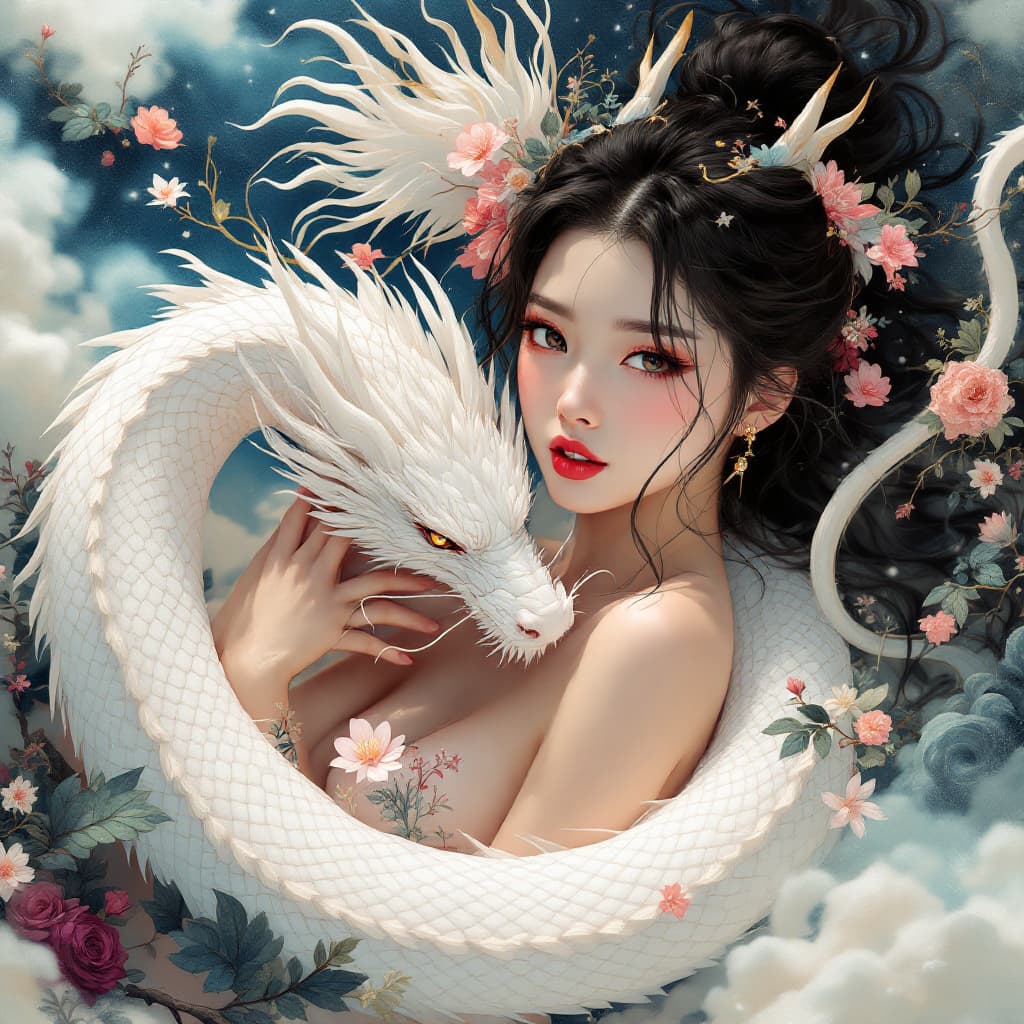 AI generated: Create a single whimsical illustration depicting the beautiful body of a white dragon, similar to a ...