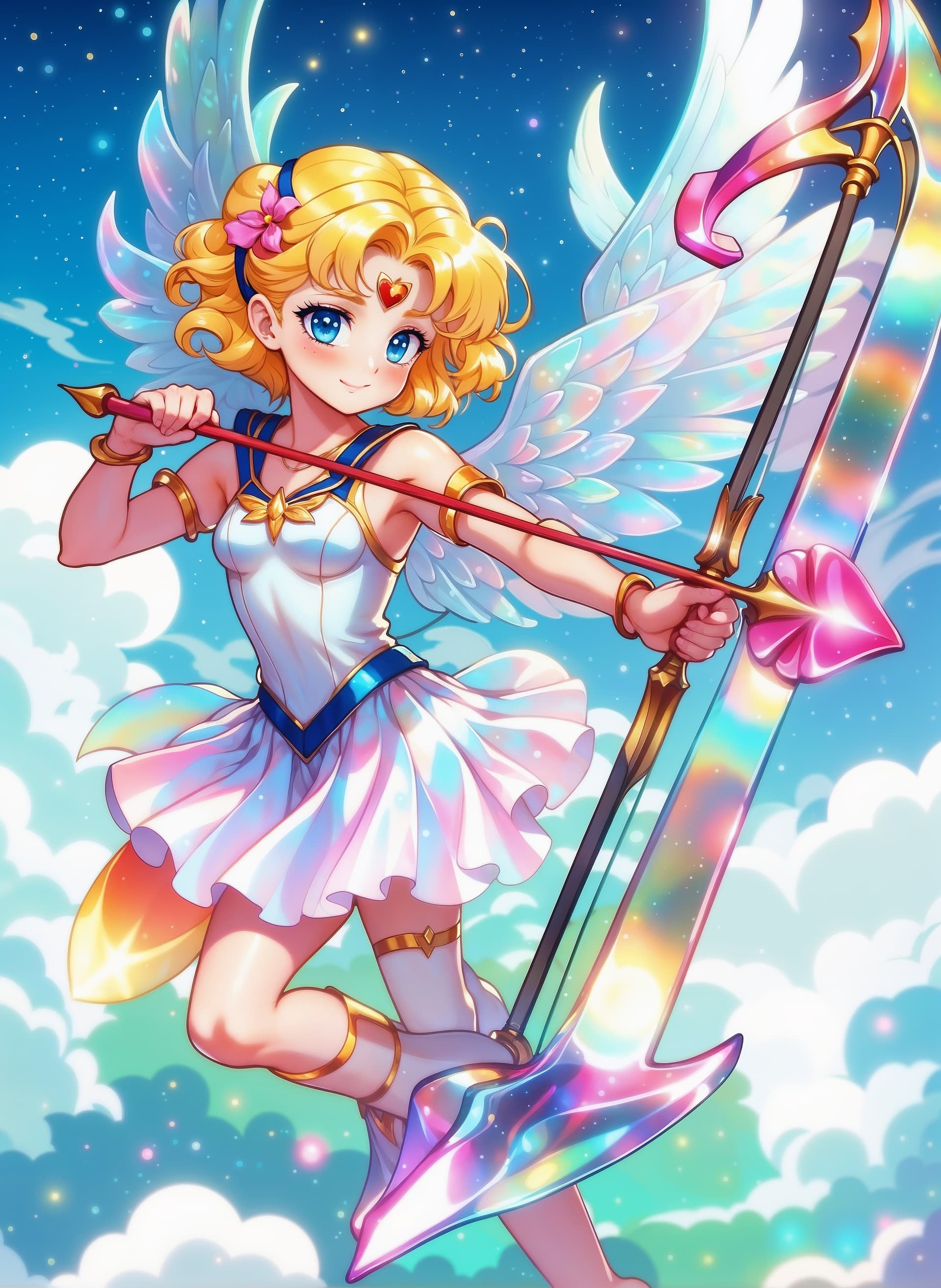 AI generated: masterpiece, artisan handcrafted stained glass ornament, stylized (cupid) sailor moon with bow and a...