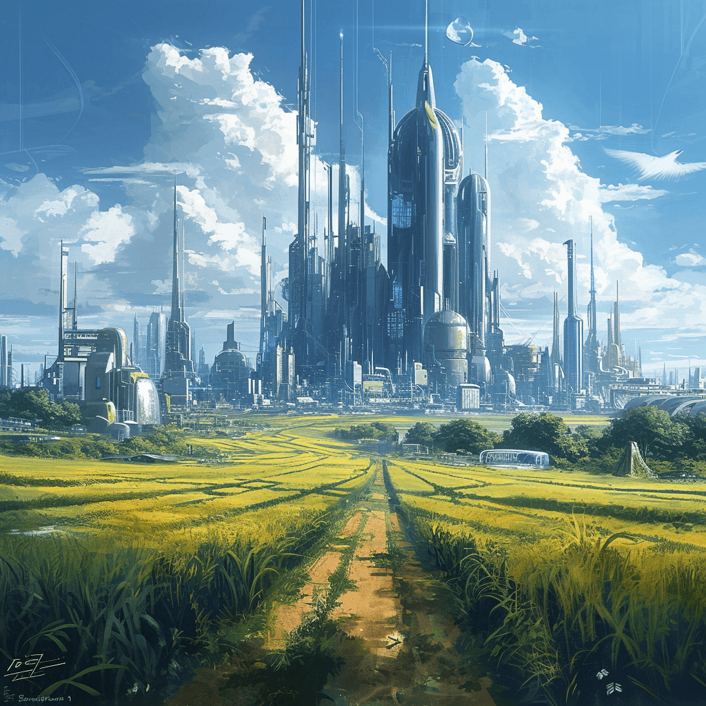 AI generated: futuristic sci fi landscape, rural area of ​​the future, a beautiful scenery, acrylic painting, tren...