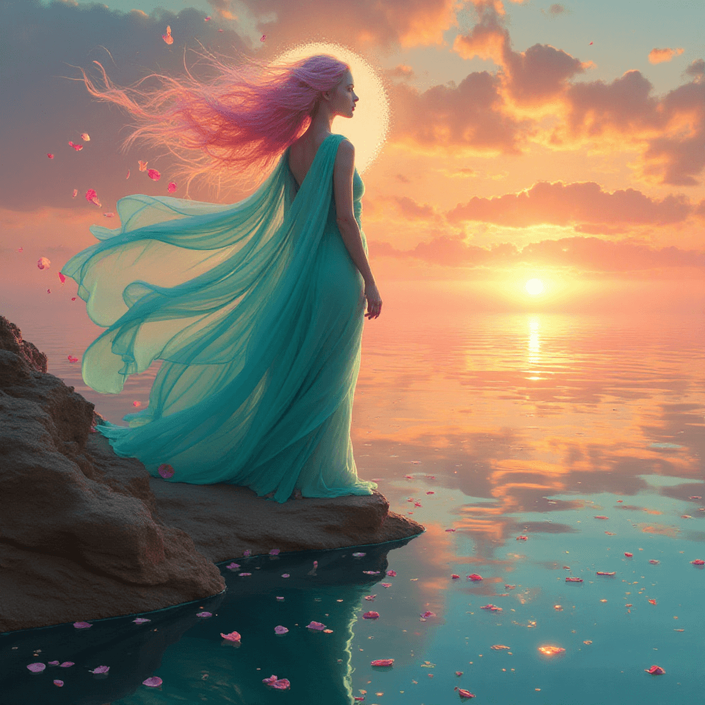 AI generated: Mythic sunset goddess on a coral cliff::1.3  
sky of molten gold, rose-pink and twilight teal::1.4 ...
