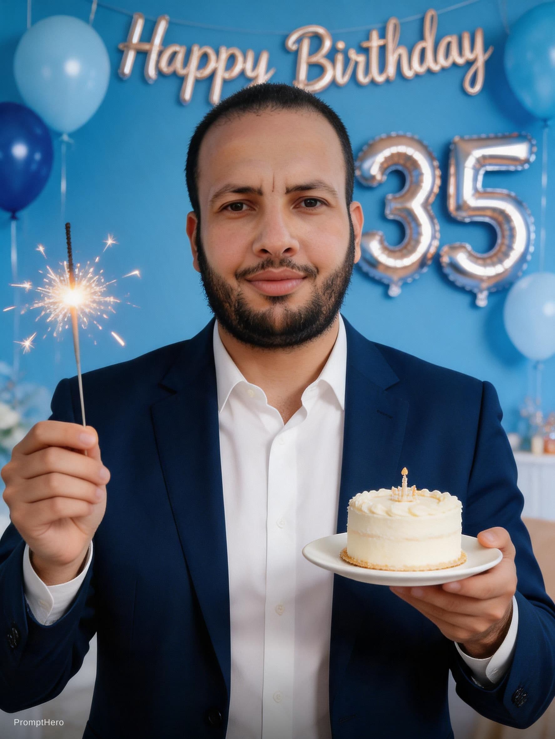 AI generated: A stylish 35-year-old man standing in a luxury birthday studio setup, mature and elegant appearance,...