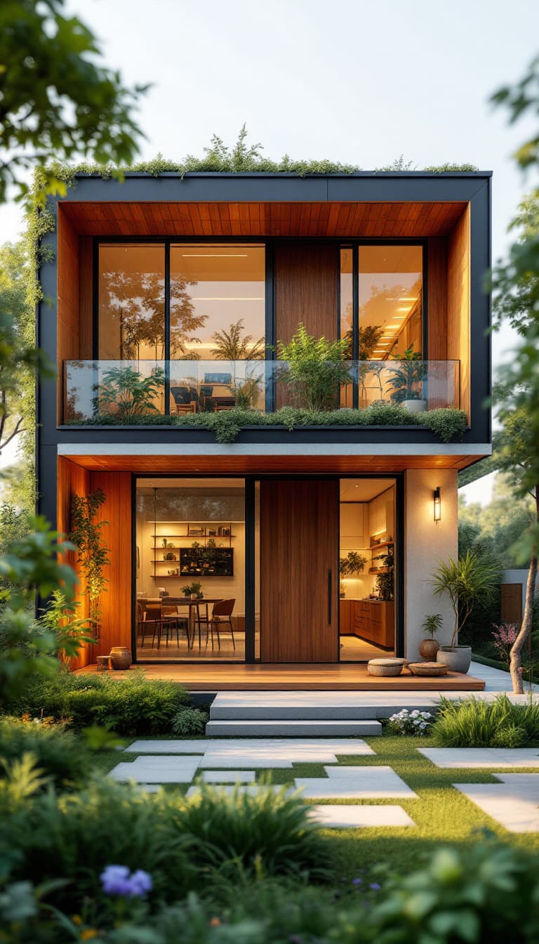 AI generated: Eco-friendly building, reclaimed wood accents, bamboo flooring, low-carbon concrete, green roofs, li...