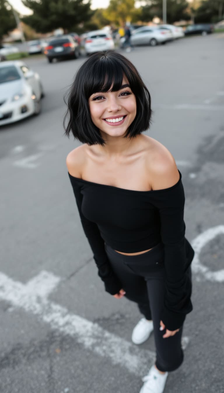 AI generated: a girl ,thick eyebrows, short black hair with very long bangs, wearing a black off the shoulder top,...