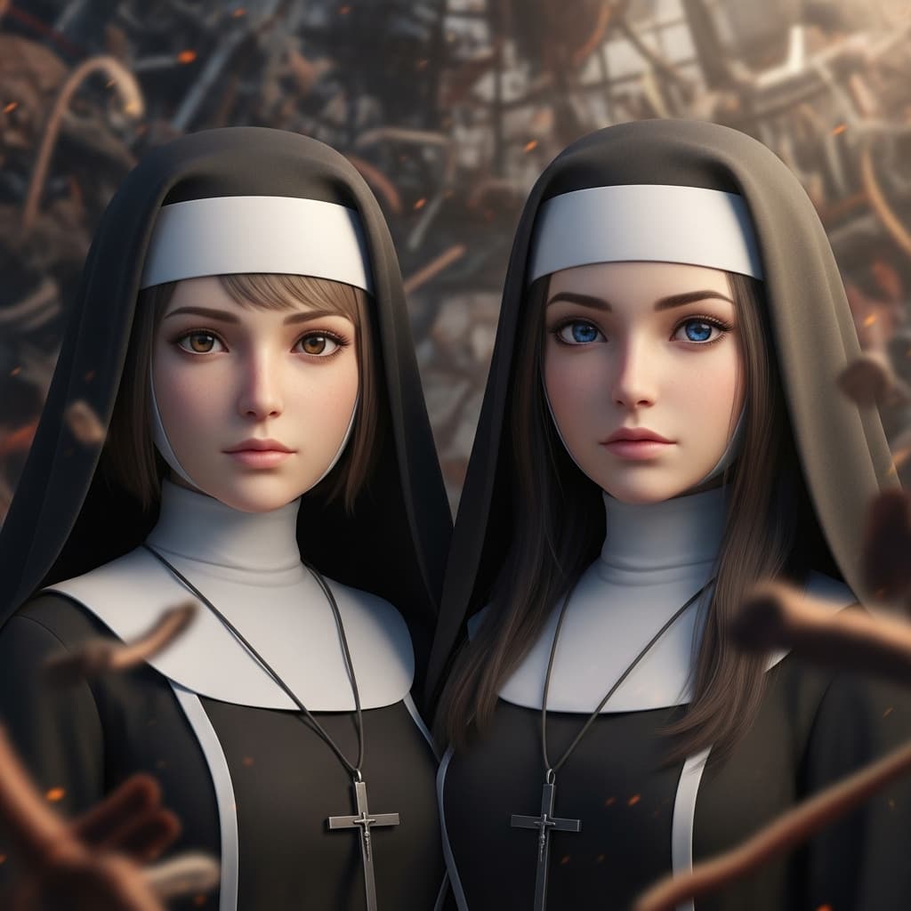 AI generated: Two young beautiful nuns --chaos 10 --ar 4:5 --sref 1888 --profile svdjn3p --sw 300 --stylize 1000 -...