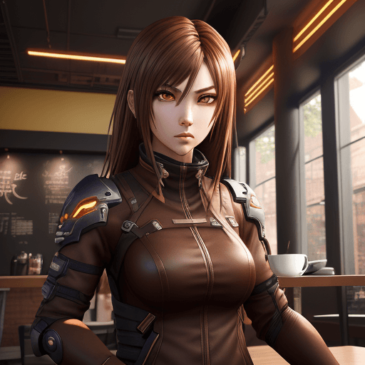 AI generated: An anime fierce female character, in a coffee shop, Lexeme-Taste Synesthesia style, Unreal engine, e...