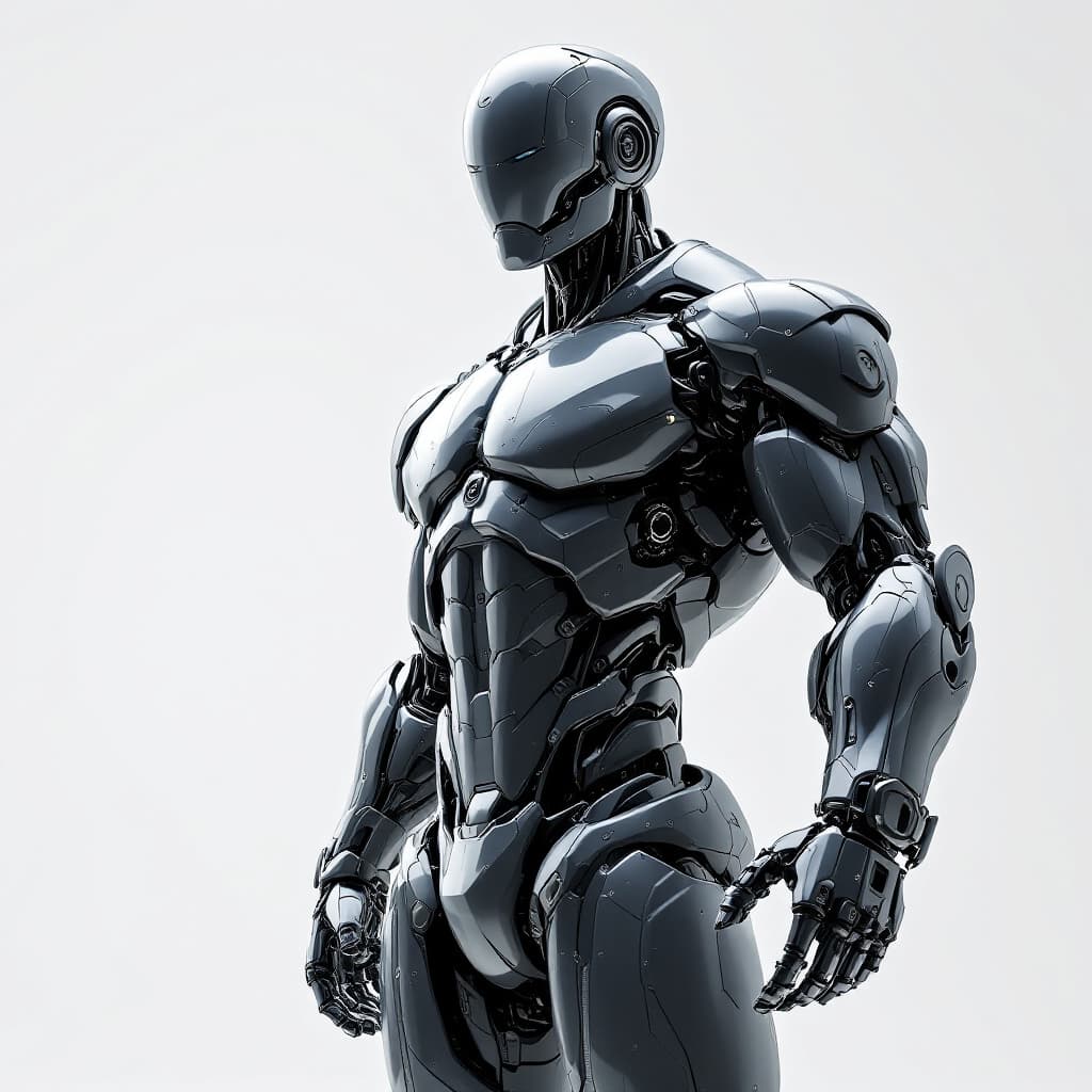 AI generated: Hyper realistic high-resolution photo of extremely muscular male robot, standing