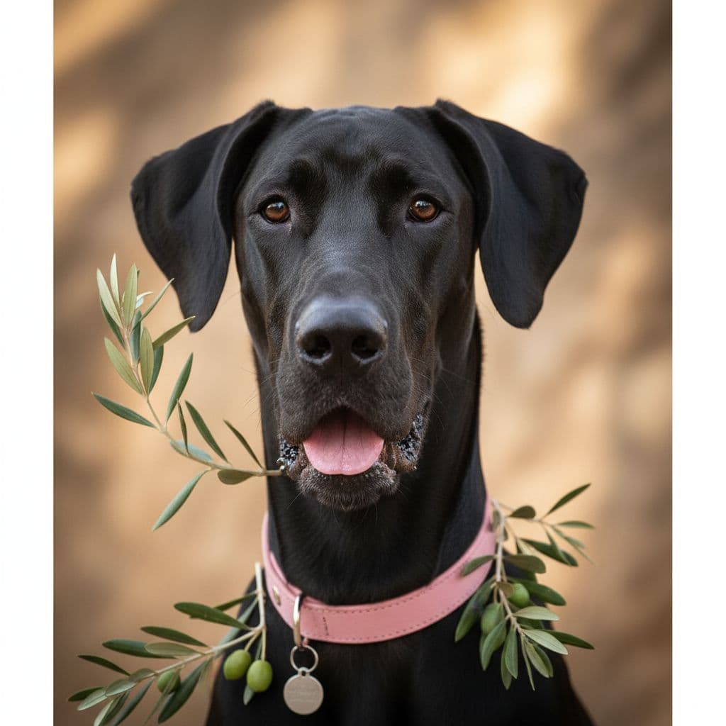 AI generated: dog, black, Great Dane, younger, slender,
pink collar,
face only, mouth open slightly with tongue ...