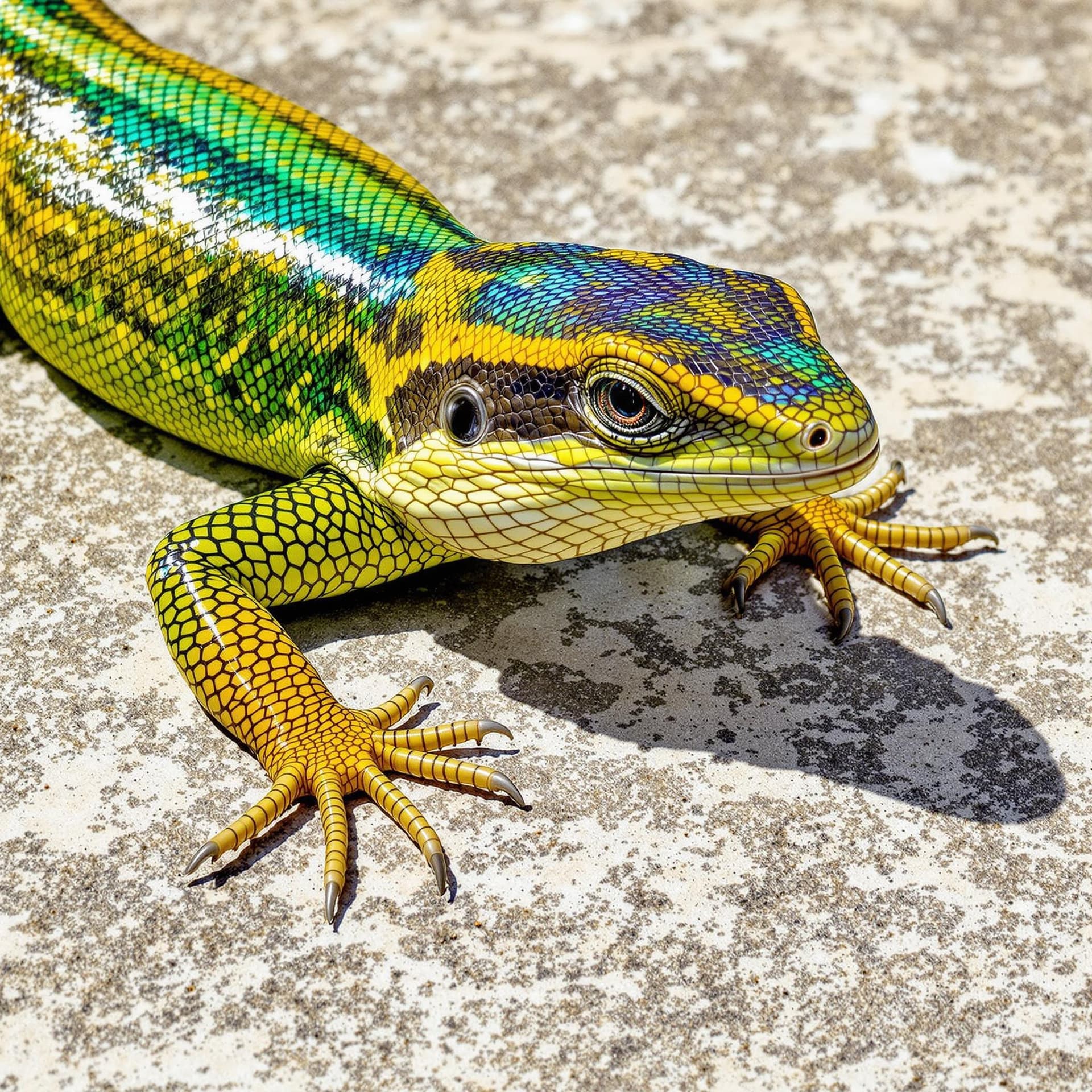 AI generated: A sun-soaked lizard basks on a warm stone, its shimmering scales catching the light. The vibrant hue...