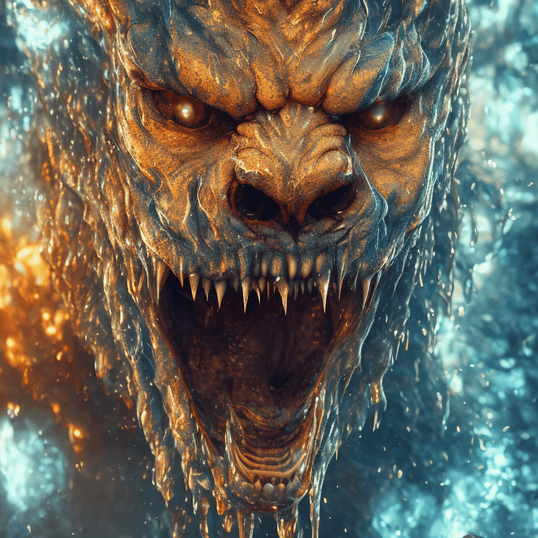 AI generated: POWERFUL scary look sabertooth made of water, fire background hyperdetailed, great photo, contrastin...