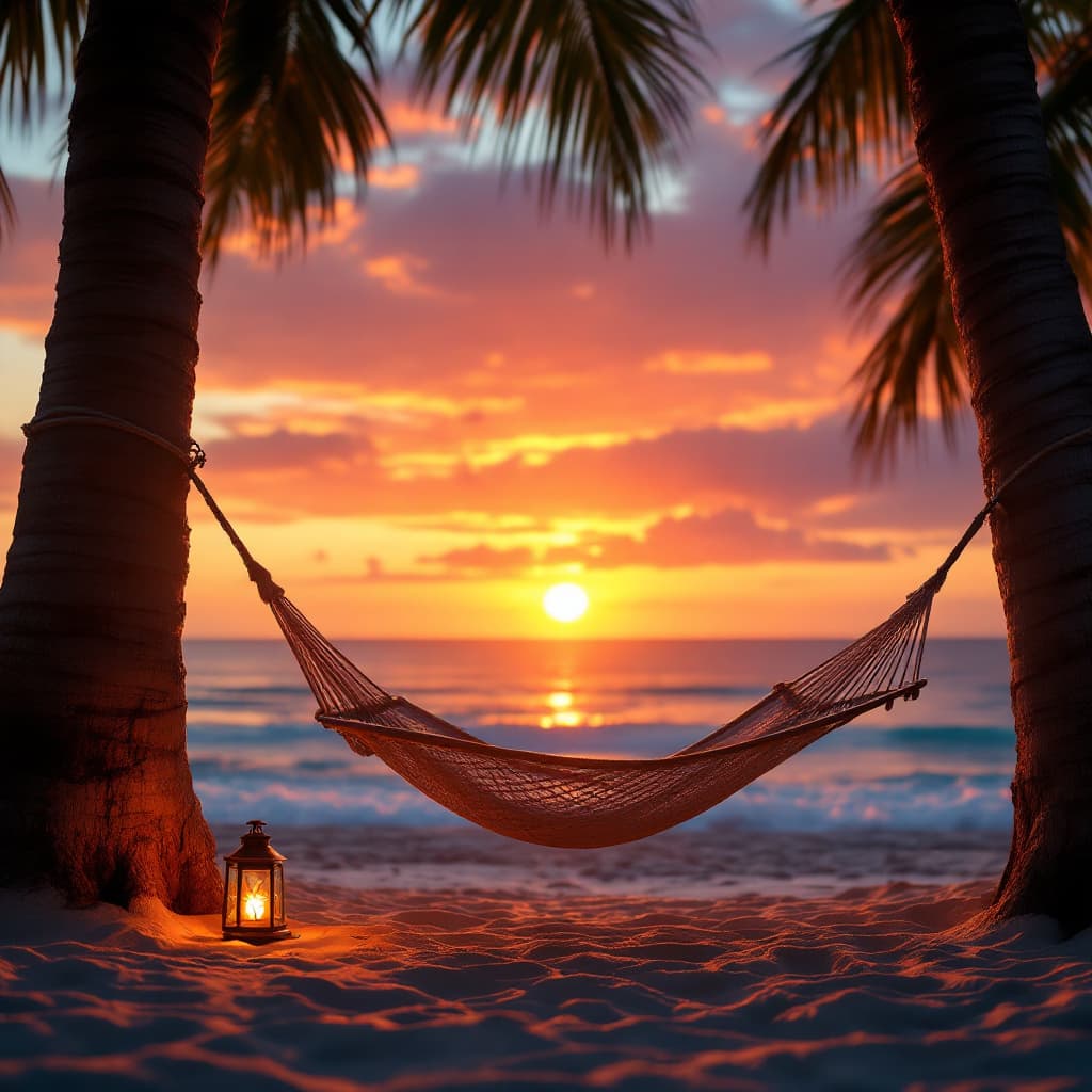 AI generated: a hammock hanging between two tree trunks on a sandy beach. The hammock is tied to the trunk of one ...