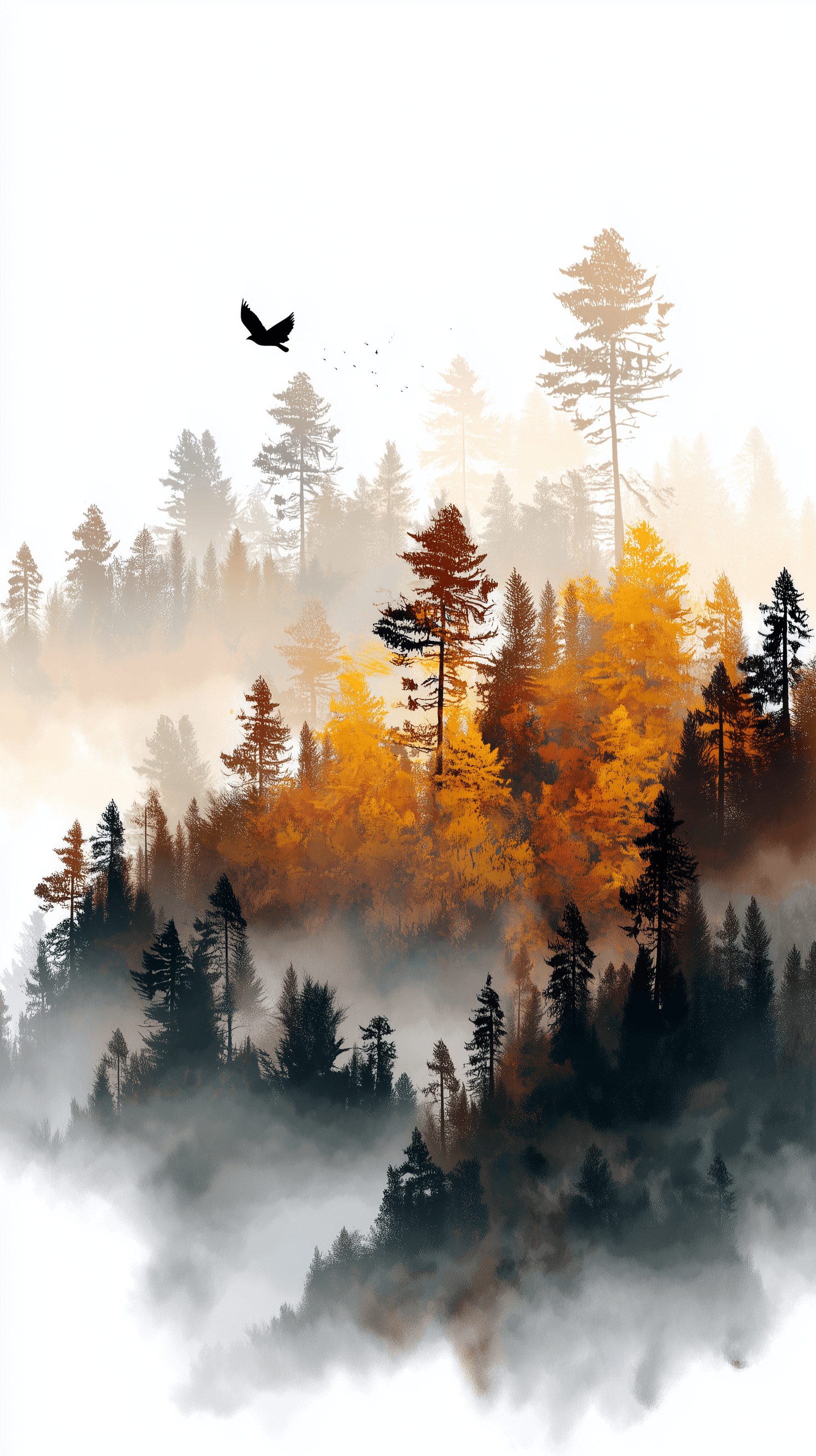 AI generated: artistic, watercolor style, dreamy forest in autumn morning, perspective gradient techniques, mist, ...