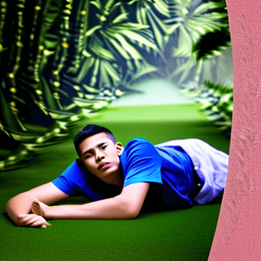 AI generated: A boy lying in a jungle , cinematic shot with portrait output