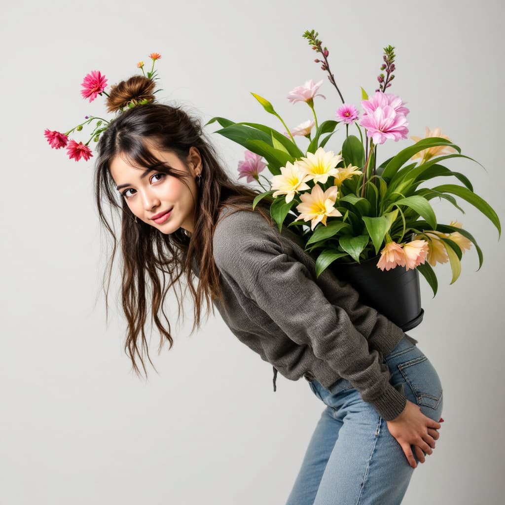 AI generated: A photo model bending over with a large pot flower placed on her back. Thumbs up.