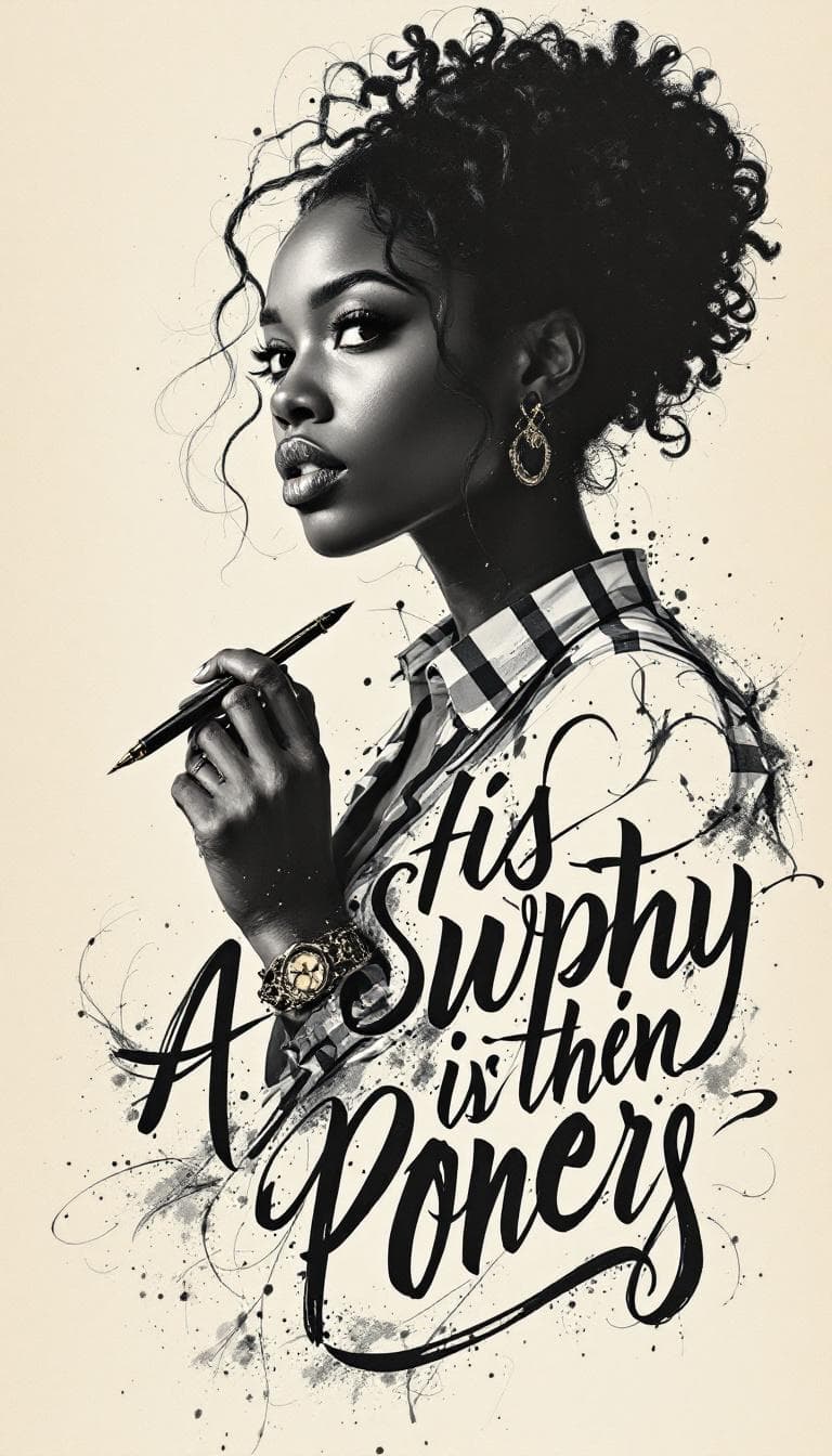 AI generated: Calligraphic Typography, Expressive Letters, Bold Text, Powerful, African american Woman Holding a P...