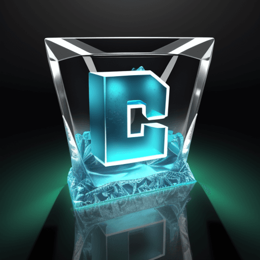 AI generated: 3d logo, blue ice letters I. P. inside a green glass