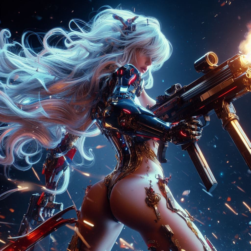AI generated: photorealistic, detailed flying hair, urbanpunk, more colorful, photography from behind, seductive w...