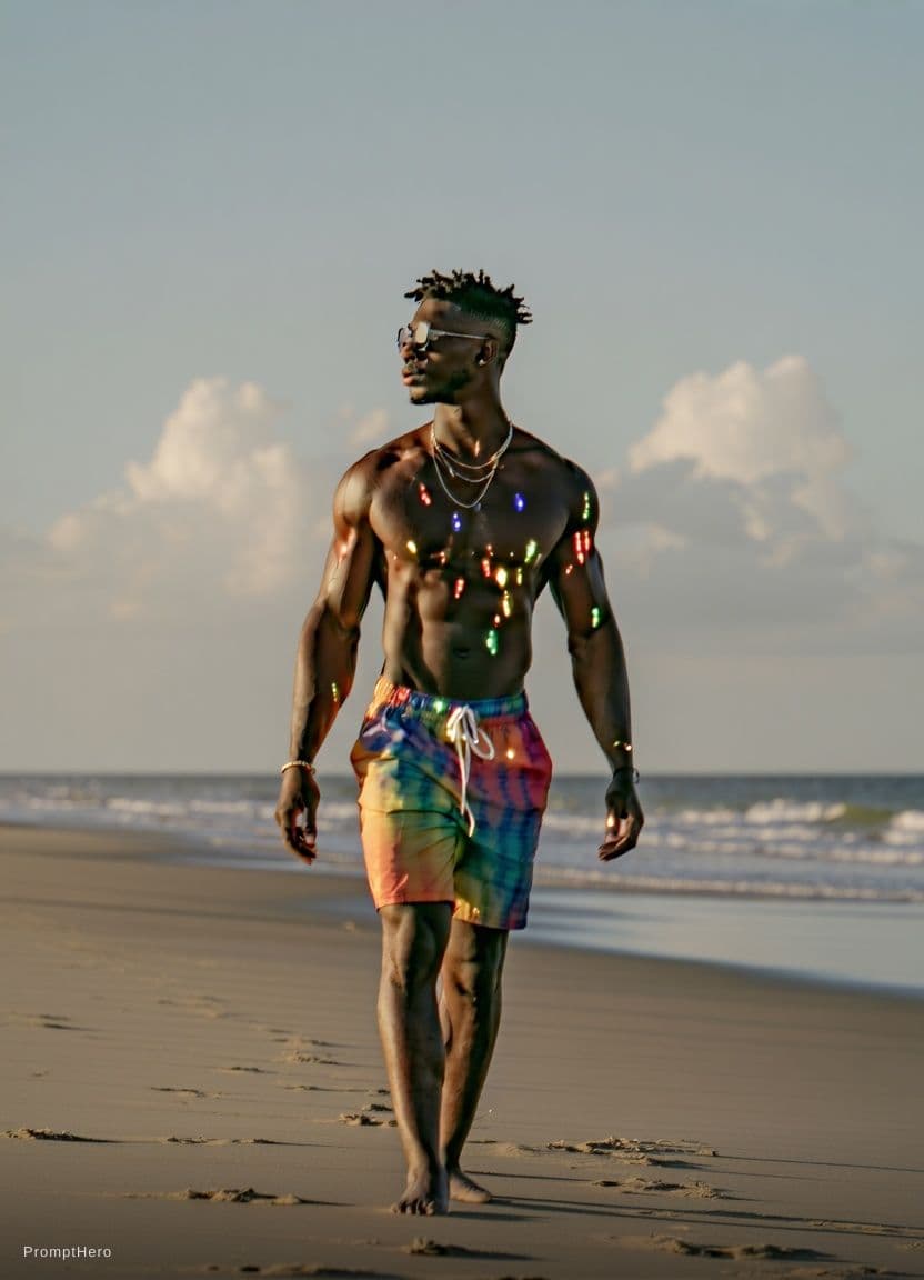 AI generated: the person in the image walking in a sexy way on a beach wearing bikini and oil all over the body