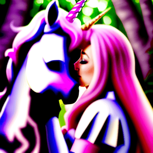 AI generated: Hyper Realistic knight kissing a girl hot pink unicorn at their wedding in forest with whole kingdom
