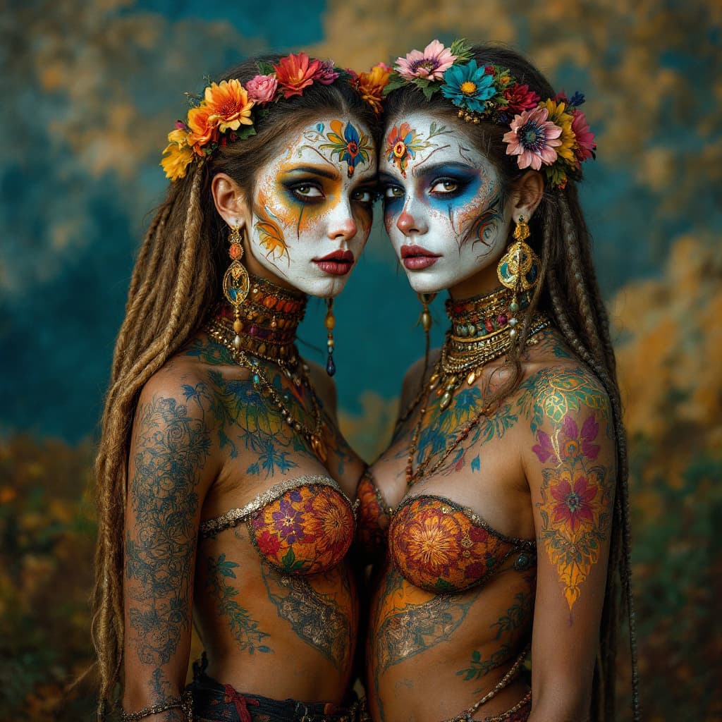 AI generated: Sisters Hippie, bodypainted, full length