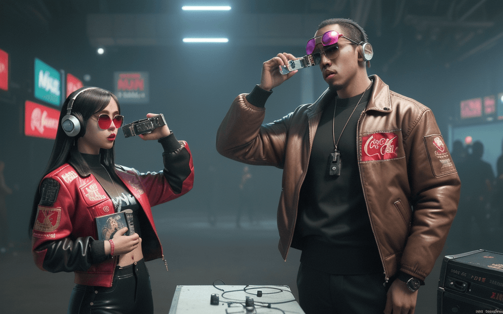 AI generated: Hitman, Diddy Kong, Donkey Kong, headphones, sunglasses, cyberpunk, CD, record, cassette tape, geniu...